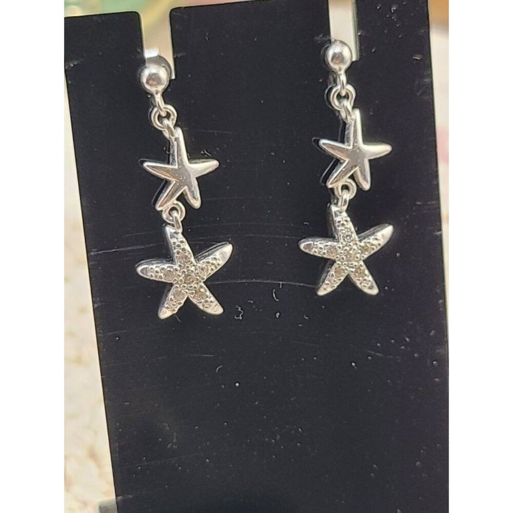 925 Sterling Silver Star Dangle Earrings Double Drop Celestial Charm 1.5" NWOT